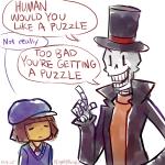 ambiguous_gender bone brown_hair clothed clothing duo eyes_closed hair hat headgear headwear looking_down male not_furry short_hair simple_background skeleton text top_hat white_background nightmargin level-5 professor_layton_(series) undertale undertale_(series) frisk_(undertale) luke_triton papyrus_(undertale) professor_layton animated_skeleton human mammal undead 1:1 crossover english_text