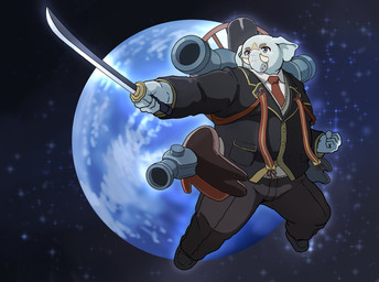 anthro belly clothing katana male melee_weapon moon necktie overweight proboscis_(anatomy) sky solo star starry_sky suit sword trunk_(anatomy) tusks weapon kakukaku tamacolle hizen_(tamacolle) elephant elephantid mammal proboscidean absurd_res hi_res