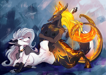 amber_eyes anthro areola armwear canon_x_oc clothing cloven_hooves collar duo elbow_gloves female female/female fire flaming_hair flaming_tail genitals gloves hair handwear hooves nipples nude pawpads pseudo_hair pupils red_sclera sex sharp_teeth slit_pupils spiked_collar spikes tail teeth tribadism vaginal vulva white_eyes white_hair sunny_way hellaverse helluva_boss mythology loona_(helluva_boss) pompeii_(timberwolfl) canid canid_demon canine demon dragon hellhound mammal mythological_canine mythological_creature mythological_scalie scalie hi_res