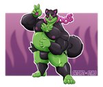 4_toes 5_fingers anthro belly big_muscles black_body black_clothing black_fur black_underwear blep bulge chest_tuft clothing eyes_closed feet fingers fluffy fluffy_tail fur gesture green_body green_fur hand_gesture hand_on_belly male multicolored_body multicolored_fur musclegut muscular muscular_anthro muscular_male nipples overweight overweight_anthro overweight_male pawpads pecs pink_nipples pink_nose pink_pawpads solo standing tail toes tongue tongue_out tuft two_tone_body two_tone_fur underwear v_sign outcast-stars nintendo pokemon canid canine generation_9_pokemon legendary_pokemon mammal okidogi pokemon_(species) hi_res signature