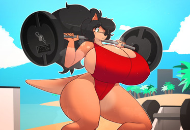 anthro beach big_breasts bodily_fluids breasts clothing cloud exercise female fluffy fluffy_hair hair huge_breasts long_tail one-piece_swimsuit one_eye_closed palm_tree plant seaside sky solo sweat swimwear tail tree weightlifting wide_hips workout shoolmail delilah_(jund_wabbit) macropod mammal marsupial hi_res