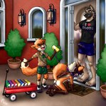 anthro bdsm biped bottomwear boy_scout clothed clothing dipstick_tail erection eyebrows female fur group hair loli male markings open_mouth open_smile orange_body orange_fur plant shirt shorts smile submissive submissive_anthro submissive_female tail tail_markings text text_on_clothing text_on_shirt text_on_topwear topwear trio young young_anthro young_female young_male pux leila_(mickithefox) micki_(mickithefox) canid canine canis domestic_dog fox german_shepherd herding_dog mammal pastoral_dog hi_res brother_(lore) brother_and_sister_(lore) sibling_(lore) sister_(lore) twins_(lore)