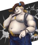 anthro belly bottomwear bulge clothing cowboy cowboy_hat hat headgear headwear humanoid_hands male moobs navel nipples overweight overweight_male pants solo white_body guadr lifewonders tokyo_afterschool_summoners babe_bunyan_(tas) bovid bovine cattle mammal 2022 absurd_res hi_res