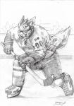 anthro clothed clothing hockey hockey_sticks ice_hockey ice_skates kemono male muscular muscular_anthro muscular_male solo sport standing geppei5959 calgary_flames nhl canid canine mammal hi_res monochrome