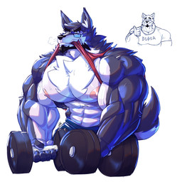 abs anthro athletic_wear biceps big_muscles big_pecs blue_clothing bodily_fluids clenched_teeth clothing countershading dumbbell duo exercise eyewear fluffy gesture glasses grey_body hand_gesture huge_muscles male multicolored_body muscular muscular_anthro muscular_arms muscular_male nipples pecs rectangular_glasses red_clothing round_glasses shirt simple_background smile sweat t-shirt tank_top teeth thumbs_up topwear triceps two_tone_body weights white_background white_body white_countershading workout workout_clothing yongdasom dante_(yongdasom) maro_(yongdasom) canid canine canis mammal wolf 1:1 hi_res