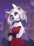 anthro blurred_background clothed clothing collar dress ear_piercing ear_ring female fur gloves grey_body grey_fur hair handwear looking_at_viewer notched_ear piercing red_clothing red_dress red_sclera ring_piercing solo spiked_collar spikes white_body white_eyes white_fur white_hair yshanii helluva_boss mythology loona_(helluva_boss) canid canid_demon canine demon hellhound mammal mythological_canine mythological_creature 2024 digital_media_(artwork) hi_res letterbox