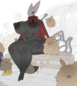 ambiguous_gender anthro areola barbell_piercing big_breasts biped black_body blush blush_lines bodily_fluids breasts cape clothing eyelashes female female_anthro group huge_breasts long_eyelashes male navel nipple_dip nipple_piercing nipples piercing red_cape red_clothing sitting substance_intoxication sweat sweatdrop sweaty_breasts thick_thighs jingzhou14848 hollow_knight:_silksong hollow_knight_(franchise) team_cherry hornet_(hollow_knight) kratt_(hollow_knight:_silksong) arachnid arthropod flea_(hollow_knight:_silksong) spider 2026 absurd_res hi_res