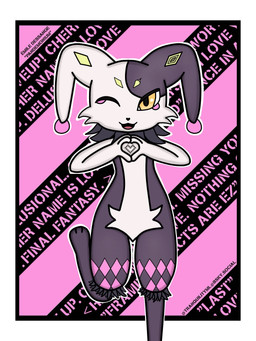 anthro black_body clothing femboy fool's_hat fur hat headgear headwear jester male raised_leg solo white_body white_fur yellow_eyes tranquility geometry_dash palworld pocketpair fan_character dupin_(pal) lagomorph leporid mammal pal_(species) rabbit hi_res