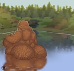 anthro bear big_butt brown_bear butt casual_nudity day fat_bear female half_submerged hi_res lake light mammal nude obese obese_anthro obese_female overweight overweight_anthro overweight_female partially_submerged plant scenery skunk_bunk small_tail solo standing_in_water sunlight tail tree ursine water