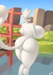 anthro big_breasts big_butt blue_eyes breasts butt female fur half-closed_eyes huge_breasts hyper hyper_breasts looking_at_viewer looking_back macro narrowed_eyes smile solo white_body white_fur allodoodl mia_(delaysjewel) domestic_cat felid feline felis mammal hi_res