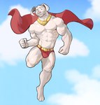 abs anthro anthrofied barazoku barefoot belt bent_leg biceps big_muscles bulge cape clothed clothing cloud collar day eyebrows feet flying fur looking_at_viewer male muscular muscular_anthro muscular_male navel obliques pecs quads sky skyscape smile solo speedo superhero swimwear topless topless_anthro topless_male tuft vein veiny_muscles jrjresq dc_comics krypto_the_superdog krypto canid canine canis domestic_dog mammal 2022 hi_res