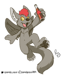 anthro black_nose black_pawpads bottle claws container fangs feathered_wings feathers featureless_crotch fur grey_body grey_fur grey_wings hair holding_bottle holding_container holding_object inner_ear_fluff logo male nude open_mouth open_smile pawpads red_hair simple_background smile solo teeth tuft white_background white_claws white_inner_ear_fluff wings yellow_eyes yellow_sclera young young_anthro young_male pandapaco canid canine mammal artist_logo signature