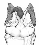 ambiguous_fluids beak big_butt black_body black_feathers blush butt feathered_wings feathers female fire looking_back pale_skin sitting solo wings upright-infinity dark_souls fromsoftware ornifex animal_humanoid avian avian_humanoid bird corvid corvus_(genus) crow humanoid oscine passerine absurd_res digital_drawing_(artwork) digital_media_(artwork) hi_res monochrome