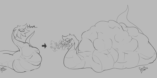 big_breasts big_bulge breasts bulge butt huge_breasts huge_bulge hyper hyper_breasts hyper_bulge obese overweight serpentine_vore vore vorebelly snekkobean reptile scalie snake hi_res monochrome