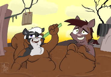 anthro bucket chest_tuft container dead_tree dirty duo eyewear forest fur glasses jungle male messy moobs mud mud_bath mud_covered nipples outside overweight overweight_anthro overweight_male pipe plant sky smile tail tree tuft wam wearing_glasses white_body white_fur sebaku disney the_lion_king the_lion_king's_timon_&_pumbaa mammal mephitid skunk suid suine warthog absurd_res digital_media_(artwork) hi_res huge_filesize superabsurd_res