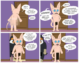 anthro anthro_focus beak black_beak black_body black_feathers blue_eyes breaking_the_fourth_wall censor_bar cute_fangs dialogue fangs feathers featureless_hands hairless hallway male nipples nude onomatopoeia open_mouth orange_body orange_feathers pink_floor pink_nose pupils purple_wall slit_pupils solo_focus sound_effects speech_bubble tail talking_to_viewer tan_body tan_skin teeth text voyeur white_body white_feathers yellow_beak teastuff ethan_allen_(teastuff) avian bird domestic_cat felid feline felis hairless_cat mammal sphynx_(cat) toucan censored comic english_text hi_res mosaic_censorship spanish_text translated