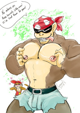 big_muscles blush clothing duo eyewear grin hat headgear headwear heart_symbol kerchief male muscular muscular_male nipples pec_grab pecs smile sunglasses text tongue videgame donkey_kong_(series) nintendo diddy_kong funky_kong ape gorilla haplorhine mammal monkey primate english_text hi_res