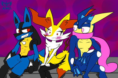 anthro black_body black_fur blue_body blue_fur blush clenched_teeth detailed_background explosives female fluffy fluffy_tail fur grenade group male multicolored_body multicolored_fur open_mouth open_smile red_body red_eyes red_fur sitting smile spikes tail teeth tongue tongue_out two_tone_body two_tone_fur weapon white_body white_fur yellow_body yellow_fur knightmoonlight98 nintendo pokemon braixen generation_4_pokemon generation_6_pokemon greninja lucario pokemon_(species) 3:2 hi_res