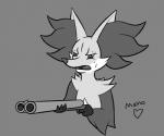 ambiguous_gender anthro disgust double-barreled_shotgun gun inner_ear_fluff ranged_weapon shotgun solo tuft weapon mahoxy delet_this nintendo pokemon delphox generation_6_pokemon pokemon_(species) meme monochrome