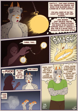 andromorph anthro clock clothed clothing diaper diaper_under_clothing duo hypnosis hypnotic_eyes incontinence intersex mind_control outside pocketwatch profanity text watch wearing_diaper pampermousse canid canine mammal absurd_res comic english_text hi_res