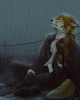accessory anthro bodily_fluids bow_ribbon bowed_string_instrument countershading creepy crying hair_accessory hair_bow hair_ribbon holding_musical_instrument holding_object male music musical_instrument musician outside raining ribbons rococo_clothing sad sitting solo string_instrument tears victorian violin tatujapa edgar_vladilisitsa canid canine fox mammal 2020 4:5 absurd_res hi_res