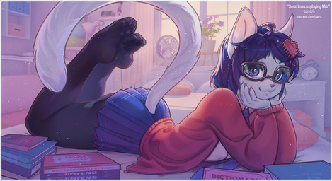 4_toes 5_fingers accessory alarm_clock anthro arm_support biped black_clothing black_leggings black_legwear blue_bottomwear blue_clothing blue_eyes blue_necktie blue_skirt book border bottomwear brush butt calves_up claws clock closed_smile clothed clothed_anthro clothed_female clothing comb_(brush) electric_fan eyebrows eyewear feet female female_anthro finger_claws fingers flower front_view fully_clothed fully_clothed_anthro fully_clothed_female fur furgonomic_bottomwear furgonomic_skirt furgonomics glasses hair hair_accessory hairbrush head_in_hands humanoid_hands inside jacket leaning_on_elbow leggings legwear light looking_at_viewer lying medium_hair mouth_closed necktie on_front patreon_username pawpads paws pink_claws pink_nose plant plant_pot plantar_flexion plantigrade plantigrade_pawpads pleated_skirt pose potted_plant pupils purple_eyebrows purple_flower purple_hair red_clothing red_jacket red_topwear shirt skirt slim slim_anthro slim_female small_nose smile smiling_at_viewer solo tail tail_through_skirt text the_pose three-quarter_view toe_claws toes topwear translucent translucent_clothing translucent_leggings translucent_legwear undershirt wearing_glasses white_body white_border white_clothing white_fur white_sclera white_shirt white_text white_topwear window iskra serafima_(iskra) domestic_cat felid feline felis mammal 2025 dated digital_drawing_(artwork) digital_media_(artwork) english_text full-length_portrait hi_res lighting portrait shaded url