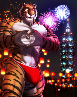 abs anthro bulge clothing countershading fireworks lamp lantern looking_at_viewer male mostly_nude muscular muscular_male night nipples paper_lantern pecs red_clothing red_underwear sky_lantern solo stripes underwear dream_and_nightmare chinese_zodiac year_of_the_tiger felid feline mammal pantherine tiger 4:5 hi_res