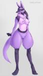2017 alternate_color anthro breasts canid conditional_dnp female fur generation_4_pokemon genitals lucario mammal nintendo nipples nude ourflatcoat pokemon pokemon_(species) purple_body purple_fur pussy simple_background small_breasts smile solo