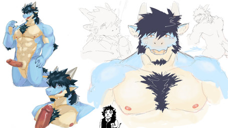 abs animal_genitalia anthro arm_tuft black_hair blue_body blue_scales bodily_fluids body_hair butt chest_hair cum cum_on_chest cum_on_face elbow_tuft erection fellatio genital_fluids genital_slit genitals hair horn licking male muscular muscular_male navel nipples oral pecjob pecs penile penis penis_lick ponytail scales sex solo tail tail_hair tongue tongue_out tuft 815147h anothereidos_of_dragon_vein_r mythology folker_(anothereidos_r) dragon mythological_creature mythological_scalie scalie 16:9 4k absurd_res hi_res widescreen