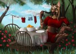 anthro beverage black_nose brown_body brown_fur clothing female flower fur garden green_eyes plant red_clothing rose_(flower) tassels tea alexandradane avian bird bobcat felid feline lynx mammal hi_res