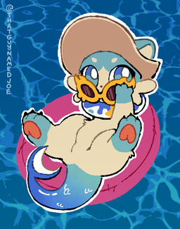 blue_body blue_eyes blue_fur clothing eyewear feral fish_tail fur glasses hat headgear headwear inflatable inner_tube male pawpads solo tail tan_body tan_fur toony water thatguynamedjoe bubbles_(honkai:_star_rail) chimera