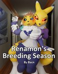 2024 3d_(artwork) anthro bacn bandai_namco big_breasts black_sclera blush breast_grab breasts canid canine clothed clothing comic cover cover_art cover_page detailed_background digimon digimon_(species) digital_media_(artwork) duo english_text female female/female fox fur glowing glowing_eyes grope hair hand_on_breast hi_res inside mammal nude open_mouth questionable_consent renamon renamon_(bacn) rika_nonaka rikamon standing text white_body white_fur yellow_body