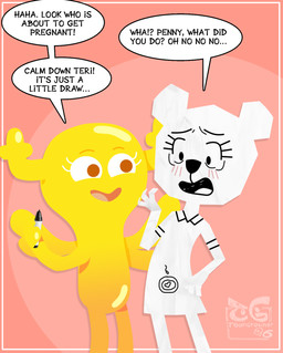anthro anthro_on_anthro antlers blush clothed clothed_anthro clothed_female clothing drawing_on_body duo female female/female female_anthro heart_symbol holding_marker holding_object horn impregnation internal marker nude nude_anthro nude_female open_mouth ovum ovum_with_heart prank shocked simple_background sperm_cell text underage_impregnation young young_anthro young_female toongrowner cartoon_network the_amazing_world_of_gumball penny_fitzgerald teri_(tawog) bear fairy mammal paper_creature digital_media_(artwork) english_text hi_res