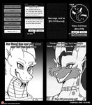 2018 anthro canid canine canis chat_box clothing collar comic computer_screen duo ear_piercing ear_ring english_text female fur giraffe giraffid hair hi_res horn hybrid if_hell_had_a_taste jackal male mammal markings message mona_l'arc monochrome open_mouth piercing ponytail ring_piercing scales scar shirt skylar_fidchell sound_effects spots spotted_body spotted_fur text topwear url viroveteruscy