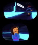 ambiguous_gender anthro clothed clothing comic dialogue duo english_text eye_patch eyes_closed eyewear frisk_(undertale) hi_res human mammal tc-96 text undertale undertale_(series) undyne