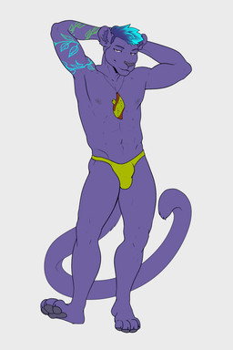 anthro arm_tattoo bedroom_eyes blue_hair bulge clothed clothing feet grey_background hair hands_behind_head highlights_(coloring) jewelry looking_at_viewer male musical_instrument narrowed_eyes necklace nipples ocarina on_one_leg pawpads purple_body purple_hair seductive simple_background solo speedo standing swimwear tail tattoo thong toes underwear white_background wind_instrument beezlebumawoken conditional_dnp felid mammal pantherine 2:3 digital_media_(artwork) hi_res