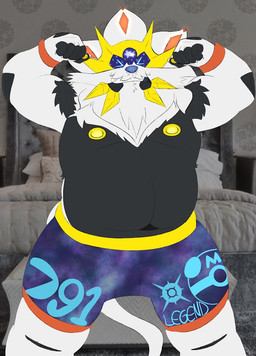 anthro armpit_hair bedroom body_hair bottomwear clenched_teeth clothing eyes_closed facial_hair flexing hair male mane mane_hair musclegut muscular muscular_male nipples overweight overweight_male shirtless_male shorts solo teeth bearondanet nintendo pokemon felid generation_7_pokemon legendary_pokemon mammal pantherine pokemon_(species) solgaleo