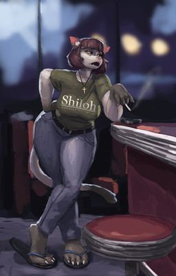 anthro ashtray bar bottomwear breasts cigarette clothing cross denim denim_bottomwear denim_clothing ear_piercing ear_ring eyelashes female glistening_eyelids jeans long_eyelashes pants piercing ring_piercing solo tail tear_trough yellow_sclera redustheriotact domestic_cat felid feline felis mammal hi_res