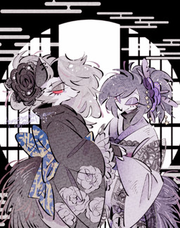 anthro asian_clothing beak clothing duo east_asian_clothing eyes_closed female japanese_clothing kimono snout yasutak1192 hellaverse helluva_boss mythology loona_(helluva_boss) octavia_(helluva_boss) avian avian_demon bird bird_demon canid canid_demon canine demon hellhound mammal mythological_canine mythological_creature owl owl_demon hi_res