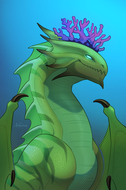 bioluminescence blue_background blue_eyes calm claws coral_crown crown fantasy feral glowing glowing_eyes green_body green_scales headgear long_neck majestic male scales side_view simple_background solo owl_light dungeons_and_dragons european_mythology hasbro mythology wizards_of_the_coast anthozoan cnidarian coral dragon marine mythological_creature mythological_scalie reptile scalie western_dragon digital_media_(artwork) hi_res