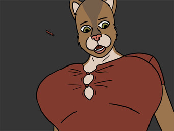 anthro breast_expansion breasts brown_body brown_fur button_(fastener) button_pop clothing confusion expansion female fur glunk_(sound_effect) green_eyes looking_down looking_down_at_breasts looking_down_at_self red_clothing rumbling_stomach simple_background slosh sloshing_breasts solo straining_buttons surprised tan_body tan_fur wardrobe_malfunction panzerschreckleopard carol_shepherd cougar felid feline mammal 2026 4:3 animated colored hi_res rotoscoping short_playtime sound video