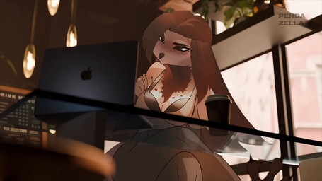 anthro bangs beak bottomwear bra breasts brown_eyes brown_hair cafe clothing coffee_cup coffee_shop computer container cup electronics female freckles fur furniture glass_table hair half-closed_eyes lamp laptop narrowed_eyes pants pawpads paws plant sign solo store table underwear window pendazella 16:9 animated digital_drawing_(artwork) digital_media_(artwork) digital_painting_(artwork) no_sound painting_(artwork) short_playtime video widescreen
