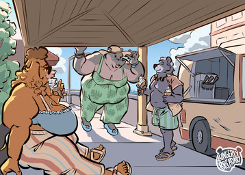 anthro belly big_breasts bottomwear bracelet breasts capris chest_tuft cleavage clothed clothing commercial_vehicle delivery_(commerce) delivery_vehicle dessert detailed_background ear_piercing eyewear female food food_truck footwear group hat headgear headwear holding_food holding_ice_cream holding_object ice_cream ice_cream_cone ice_cream_van jewelry male medium_truck moobs multi-stop_van obese obese_anthro obese_female outside overweight overweight_anthro overweight_female overweight_male piercing sandals shoes shorts summer sun_hat sunglasses toeless_footwear trio truck tuft van vehicle gingerlybreadart dusty_(gingerlybreadart) janelle_(gingerlybreadart) janice_(gingerlybreadart) bear black_bear bovid bovine cattle common_hippopotamus highland_cattle hippopotamid mammal ursine 2026 trans_(lore) trans_woman_(lore)