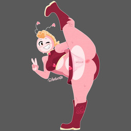 antennae_(anatomy) anus blush boots bottomwear butt clothed clothing crop_top curvy_figure female footwear freckles genitals hair heart-shaped_hair lovebug_(ann1eru0k) midriff mullet navel no_underwear one_eye_closed pink_body raised_leg shirt shoes simple_background skirt smile solo teeth topwear vaginal vulva wink kerotheklutz animal_humanoid arthropod arthropod_humanoid humanoid insect insect_humanoid mammal 1:1 digital_media_(artwork) hi_res watermark