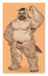 anthro balls barazoku belly border brown_body brown_fur eyebrows facial_scar flaccid foreskin fur genitals male musclegut muscular nude penis scar smile solo thick_eyebrows white_border ztdzj lifewonders tokyo_afterschool_summoners yasuyori_(tas) canid canine canis domestic_dog mammal 5:8 absurd_res hi_res