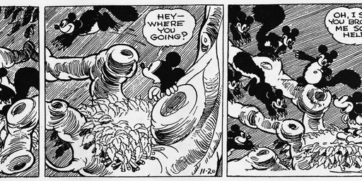 ambiguous_gender anthro bottomwear clothed clothing dialogue feral footwear gloves group handwear male nest night open_mouth outside plant shoes standing tail text tree walking earl_duvall floyd_gottfredson disney public_domain mickey_mouse mammal mouse murid murine rodent sciurid tree_squirrel 1930 20th_century absurd_res ancient_art black_and_white dated hi_res long_image monochrome signature wide_image