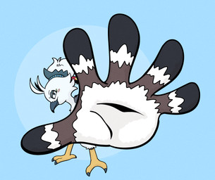 abstract_background beak blue_background blue_eyes cheek_spot feathers feet foreshortening grey_beak hair hair_bun male simple_background solo talons toes white_body white_feathers trevor-fox nintendo the_legend_of_zelda tulin_(tloz) avian rito