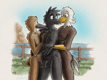 5_fingers adolescent anthro balls beak biped bisexual black_beak black_body black_feathers black_penis border boulder breasts brown_body brown_feathers casual_nudity chest_tuft circumcised countershade_face countershade_neck countershade_torso countershading day eyebrows eyelashes feathers female fence fingers flaccid foreskin genitals glans grass grey_beak hand_on_chest hand_on_side hug hugging_another hugging_from_behind humanoid_genitalia humanoid_penis looking_at_another looking_at_partner looking_back male male/female male/male nipples non-mammal_breasts non-mammal_nipples nude nude_anthro nude_female nude_male open_mouth out_of_frame outdoor_nudity outside penile penis penises_touching plant rock romantic romantic_polycule romantic_trio scaled_hands scaled_legs scales smile social_nudity standing tail tail_feathers three-quarter_view tongue tuft vignette water white_body white_border white_feathers yellow_beak yellow_body yellow_scales young young_anthro young_male samareck haley_(samareck) joey_(samareck) traci_(samareck) accipitrid accipitriform avian bald_eagle bird corvid corvus_(genus) crow eagle oscine passerine sea_eagle sparrow 2025 dated digital_drawing_(artwork) digital_media_(artwork) hi_res shaded signature