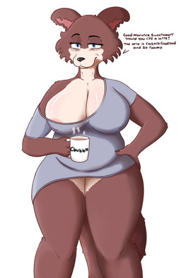 anthro areola areola_slip big_breasts black_nose blue_eyes breasts brown_body brown_fur clothed clothing countershade_face countershade_neck countershade_torso countershading dialogue exposure_variation female fur morning_after morning_sex off_shoulder pink_areola shirt simple_background solo t-shirt text thick_thighs topwear white_background white_body white_countershading white_fur wide_hips mestysa beastars juno_(beastars) canid canine canis mammal wolf 2025 absurd_res english_text hi_res