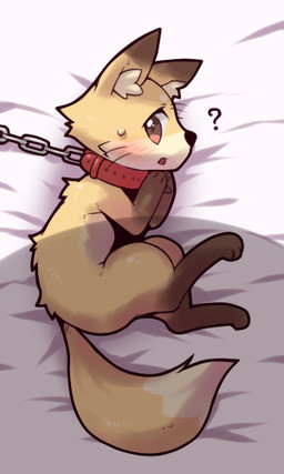 ambiguous_gender bed bedding blush bodily_fluids bound brown_body brown_eyes brown_fur chain chain_leash collar feral fur furniture inner_ear_fluff leash leg_markings looking_at_viewer lying markings multicolored_tail on_bed on_side open_mouth question_mark socks_(marking) solo sweat sweatdrop tail tan_body tuft whiskers white_body yellow_body omunikin canid canine fox mammal 2014 3:5 low_res